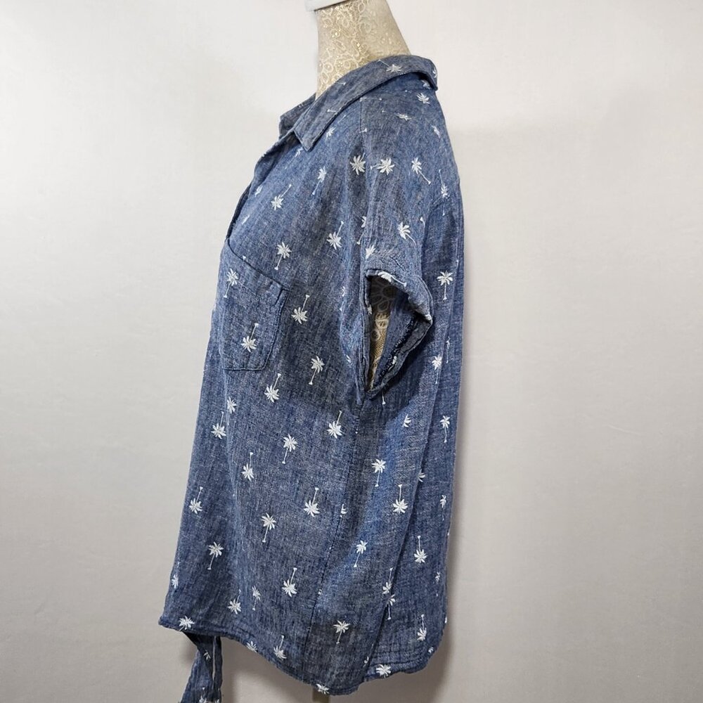 Old Navy Women's Large Denim Linen Blend Palm Tree Button-Down Tie-Front Shirt - Picture 9 of 16